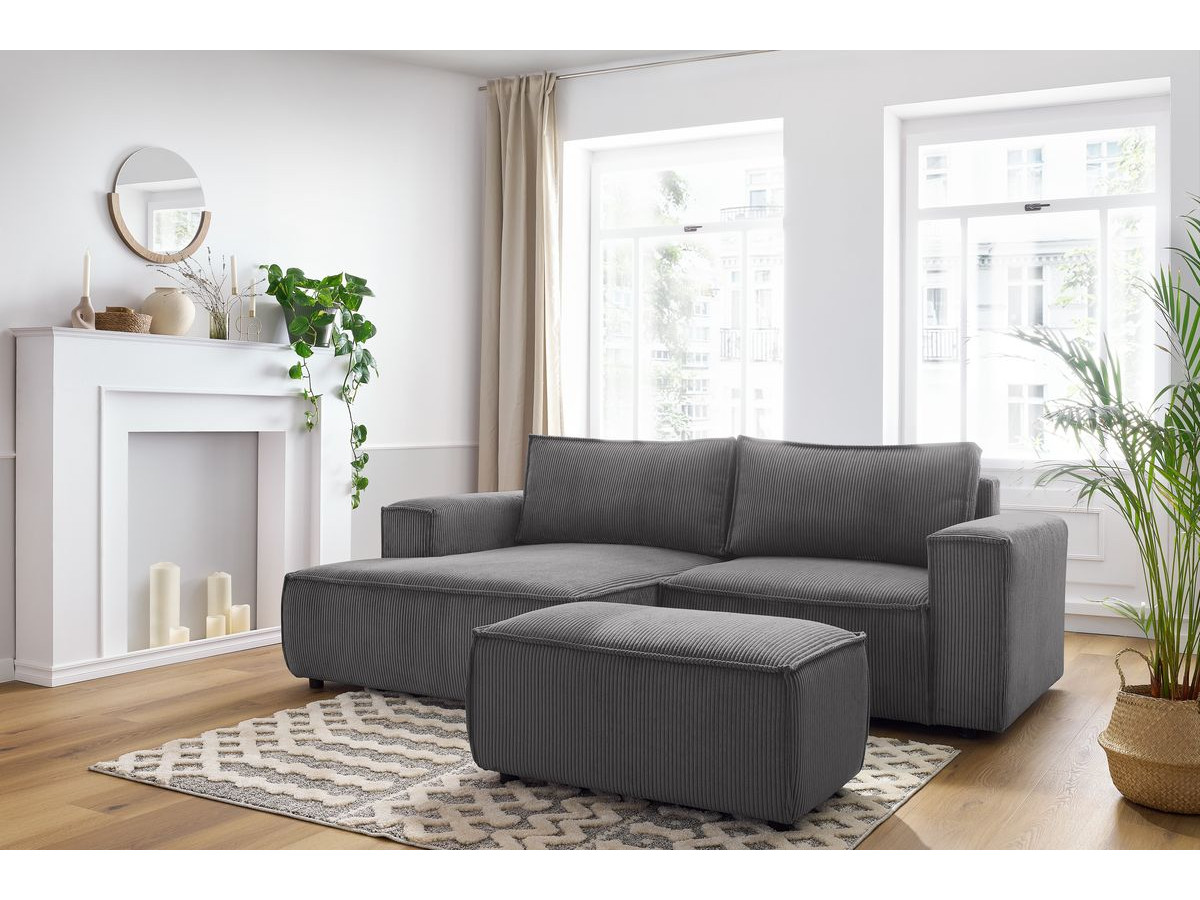 Canapé d'angle fixe compact NIHAD velours côtelé avec pouf gris foncé angle gauche BOBOCHIC 3 places - Vue supplémentaire 3