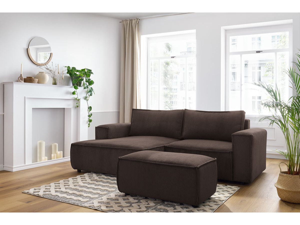 Canapé d'angle fixe compact NIHAD velours côtelé avec pouf marron angle gauche BOBOCHIC 3 places - Vue supplémentaire 3