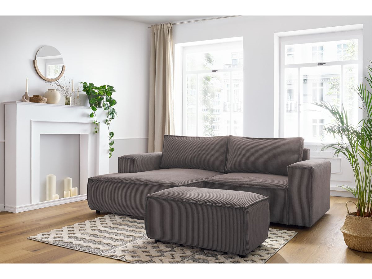 Canapé d'angle fixe compact NIHAD velours côtelé avec pouf taupe angle gauche BOBOCHIC 3 places - Vue supplémentaire 3