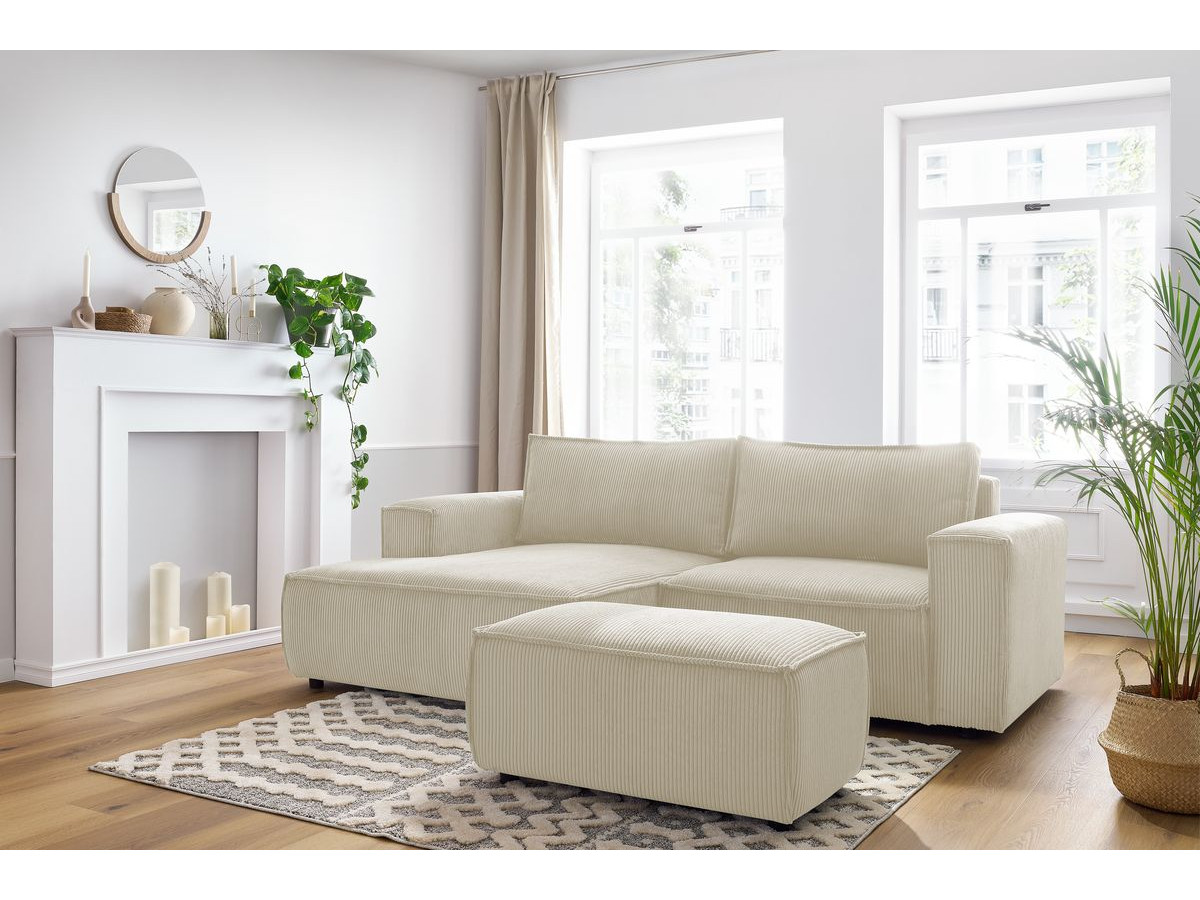 Canapé d'angle compact NIHAD velours côtelé avec pouf beige — vue 5