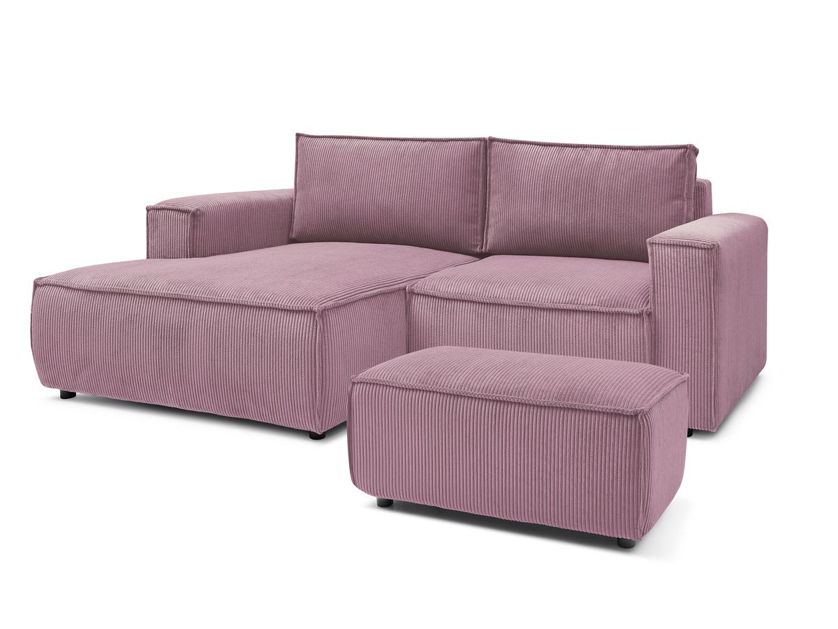 canapé d'angle fixe compact nihad velours côtelé avec pouf de couleur violet