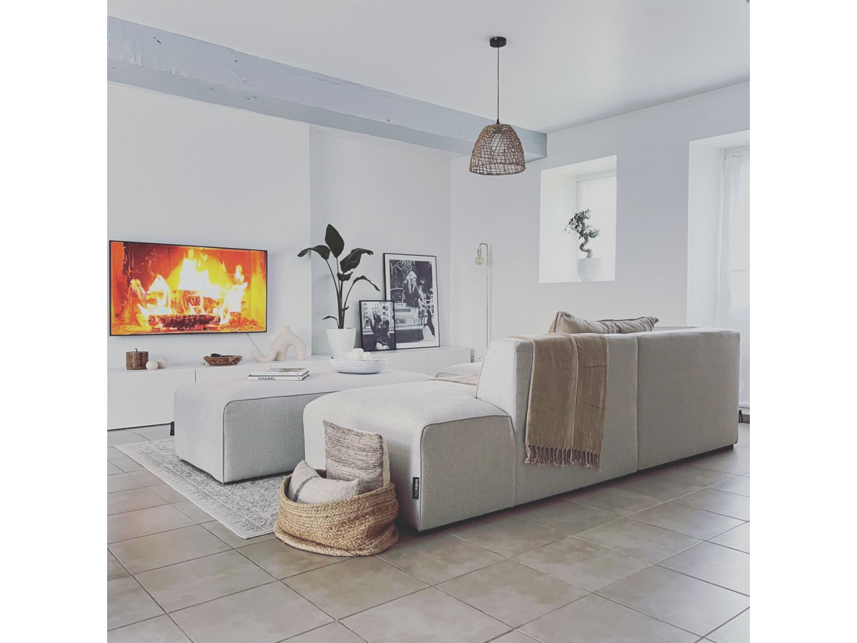 Canapé d'angle fixe modulable MEGEVE tissu chiné avec 1 chauffeuse et 1 pouf