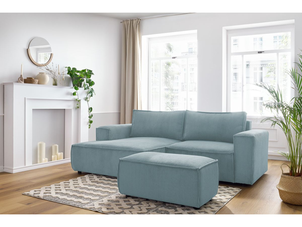 Canapé d'angle fixe compact NIHAD velours côtelé avec pouf bleu clair angle gauche BOBOCHIC 3 places - Vue supplémentaire 3