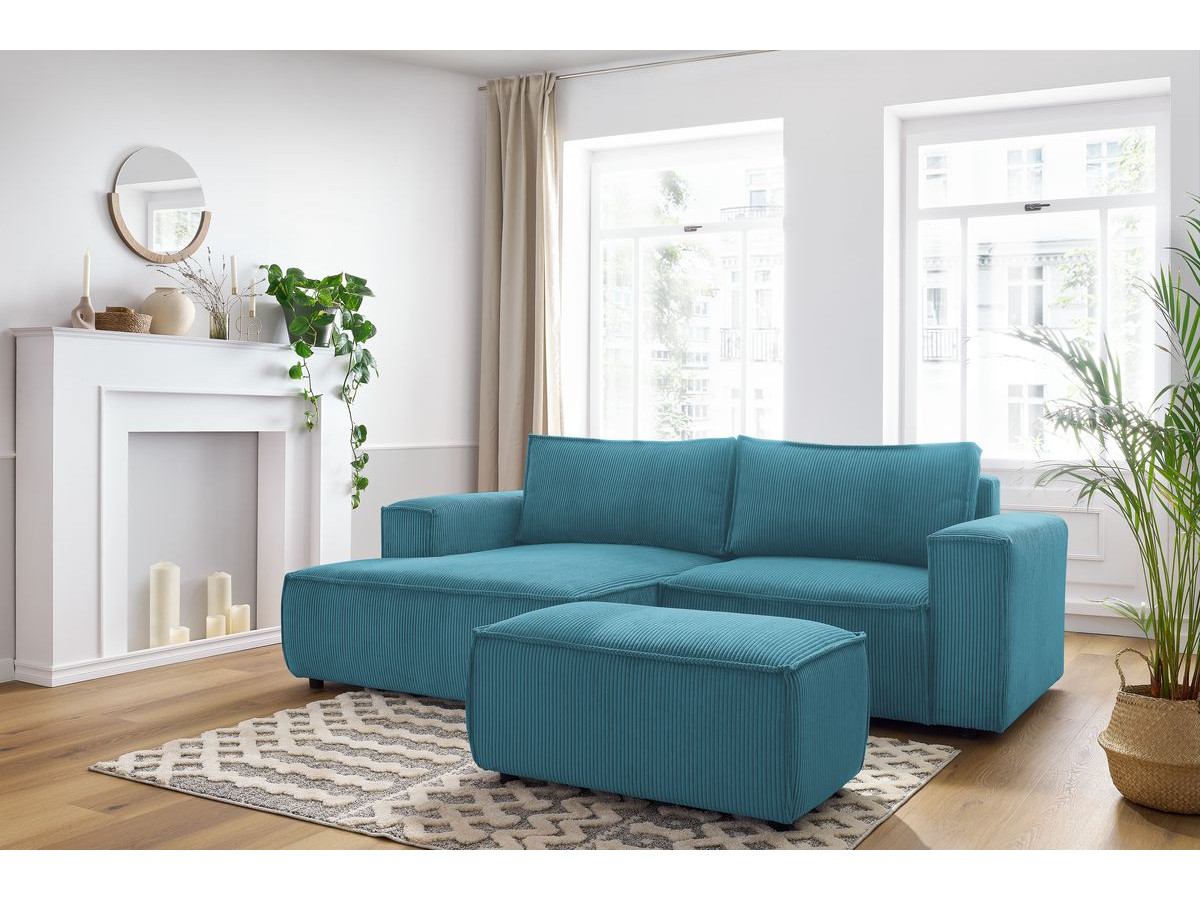 Canapé d'angle fixe compact NIHAD velours côtelé avec pouf bleu foncé angle gauche BOBOCHIC 3 places - Vue supplémentaire 3