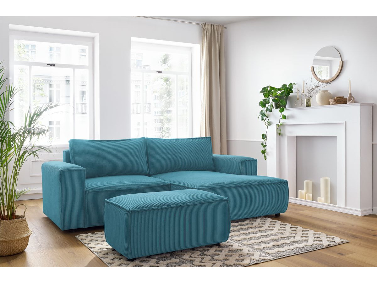 Canapé d'angle compact NIHAD velours côtelé avec pouf bleu foncé — vue 5