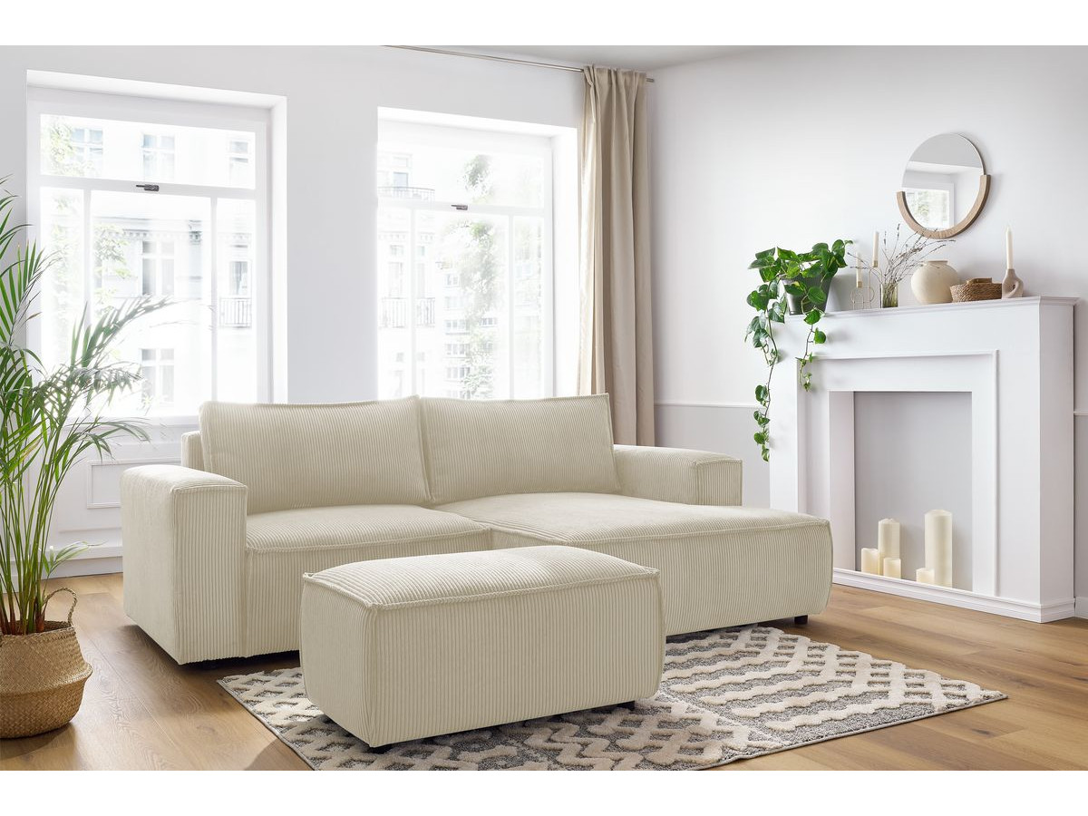 Canapé d'angle fixe compact NIHAD velours côtelé avec pouf beige angle droit BOBOCHIC 3 places - Vue supplémentaire 3