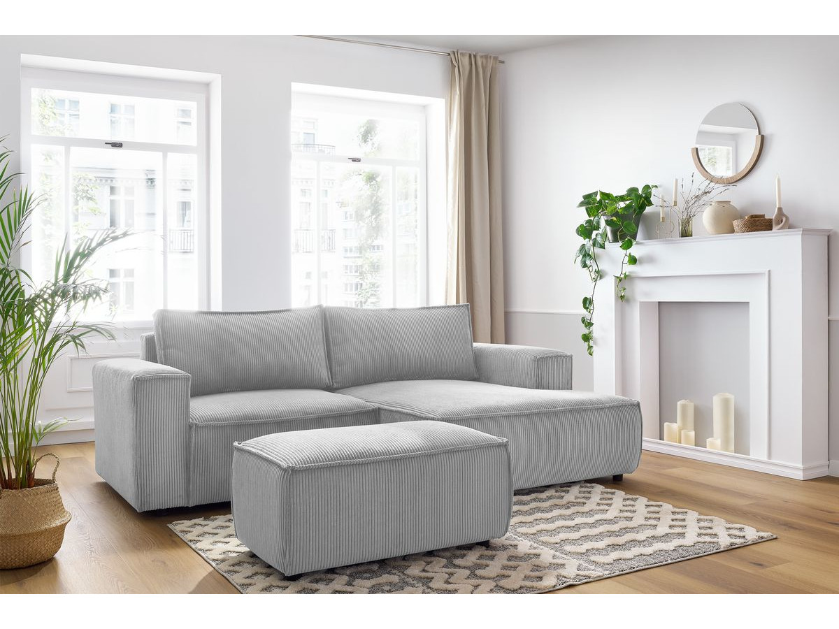 Canapé d'angle compact NIHAD velours côtelé avec pouf gris clair — vue 5