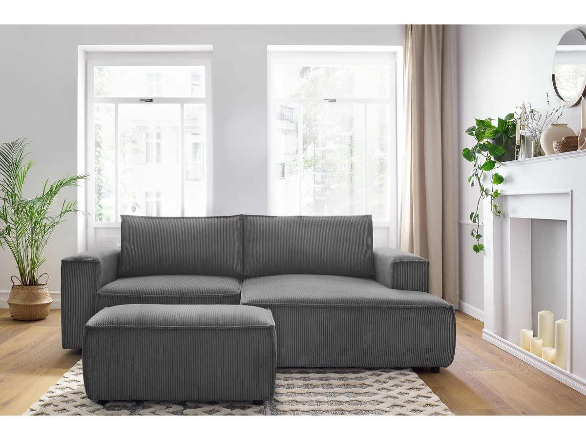 Canapé d'angle fixe compact NIHAD velours côtelé avec pouf