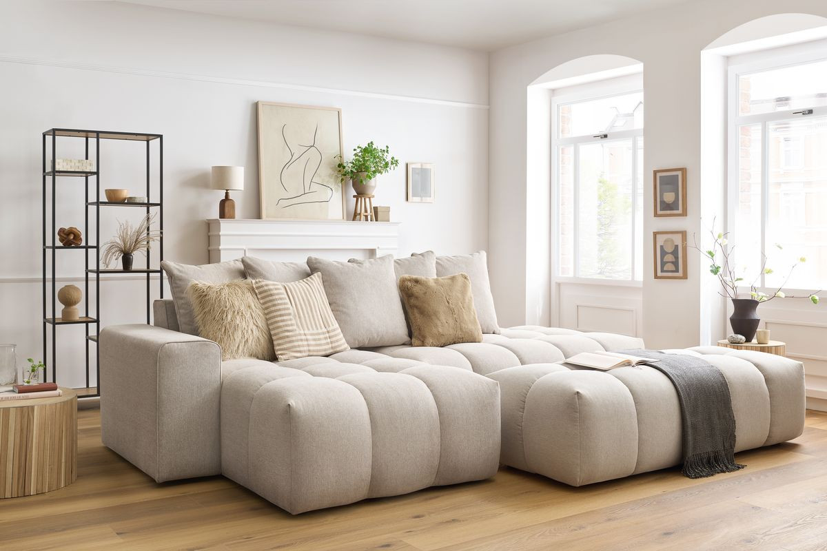 Canapé d'angle fixe MONT-BLANC tissu avec pouf | BOBOCHIC®