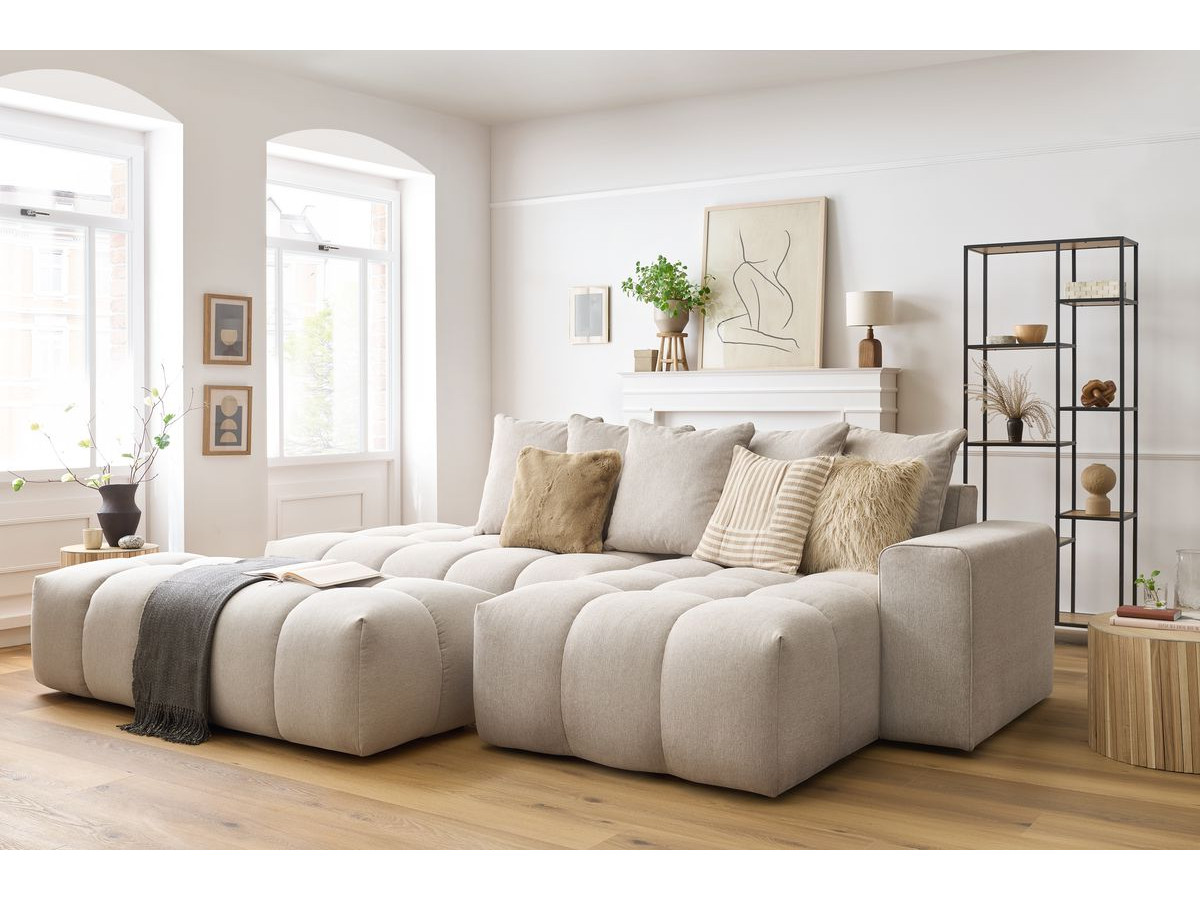 Canapé d'angle fixe MONT-BLANC tissu avec pouf | BOBOCHIC®