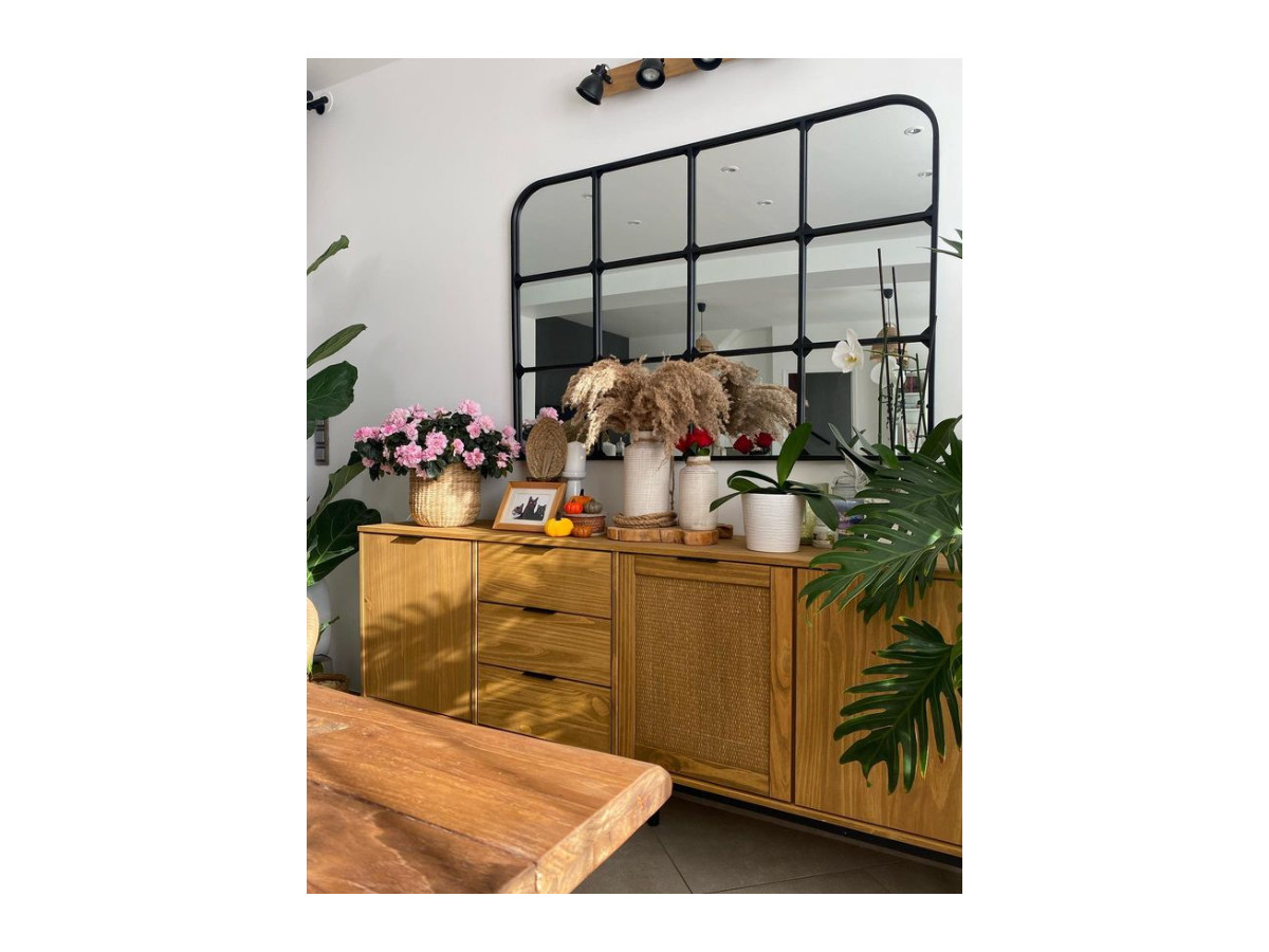 Dressoir 3 deuren 186 cm ALBI in massief hout en rotan