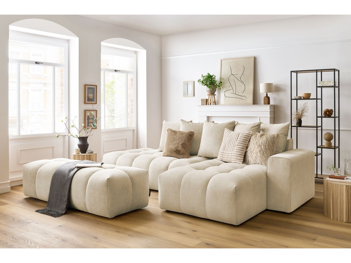 Canapé d'angle fixe MONT-BLANC velours avec pouf | BOBOCHIC®