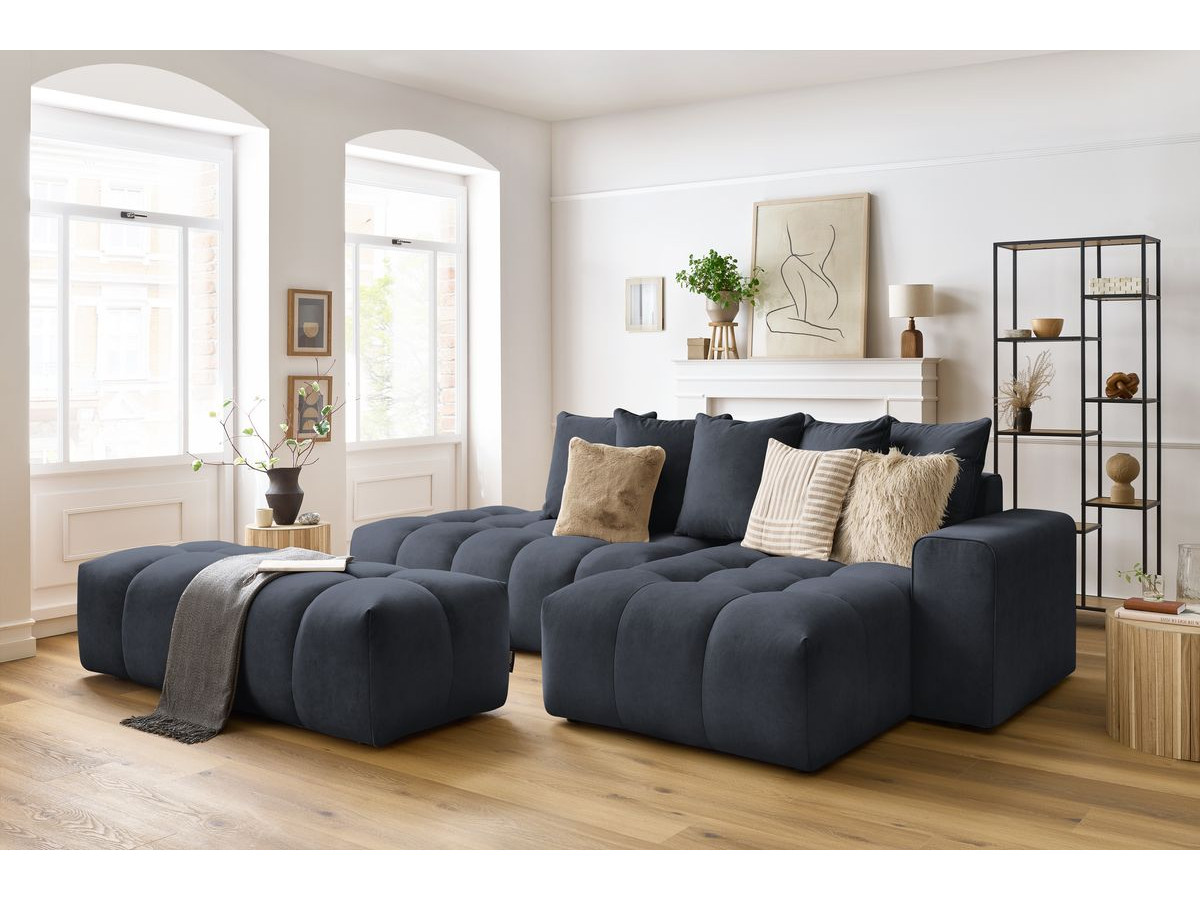 Canapé d'angle MONT-BLANC velours avec pouf bleu foncé