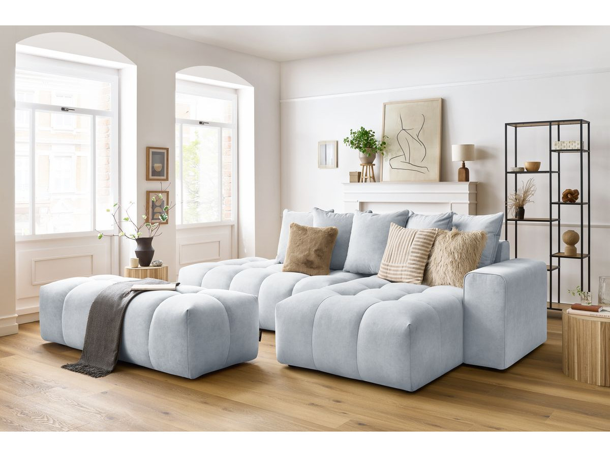 Canapé d'angle MONT-BLANC velours avec pouf gris clair