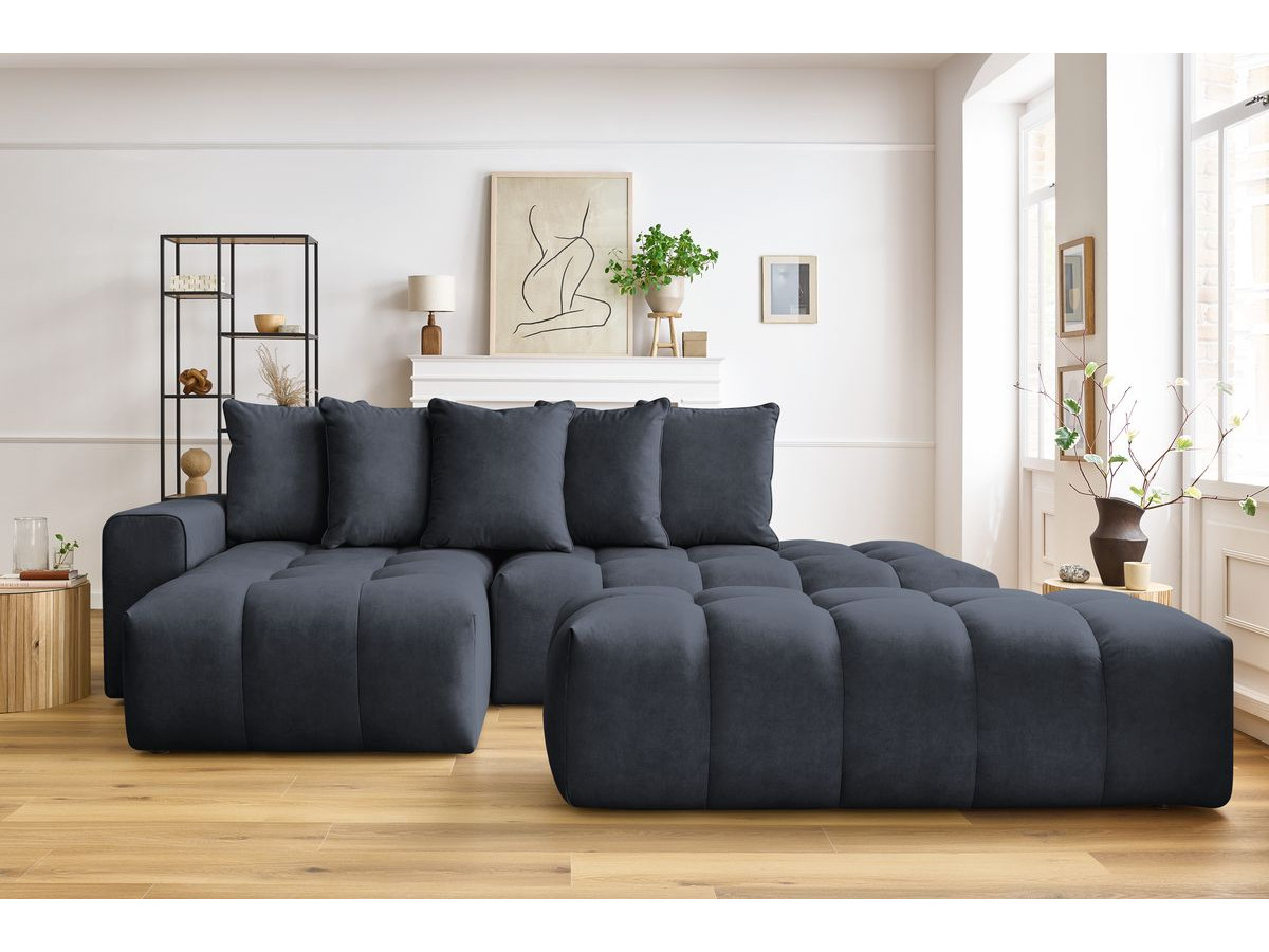 Canapé d'angle fixe MONT-BLANC velours avec pouf bleu foncé angle gauche BOBOCHIC 4 places - Vue supplémentaire 3