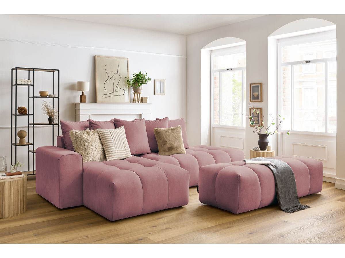 Canapé d'angle fixe MONT-BLANC velours avec pouf rose  angle gauche BOBOCHIC 4 places