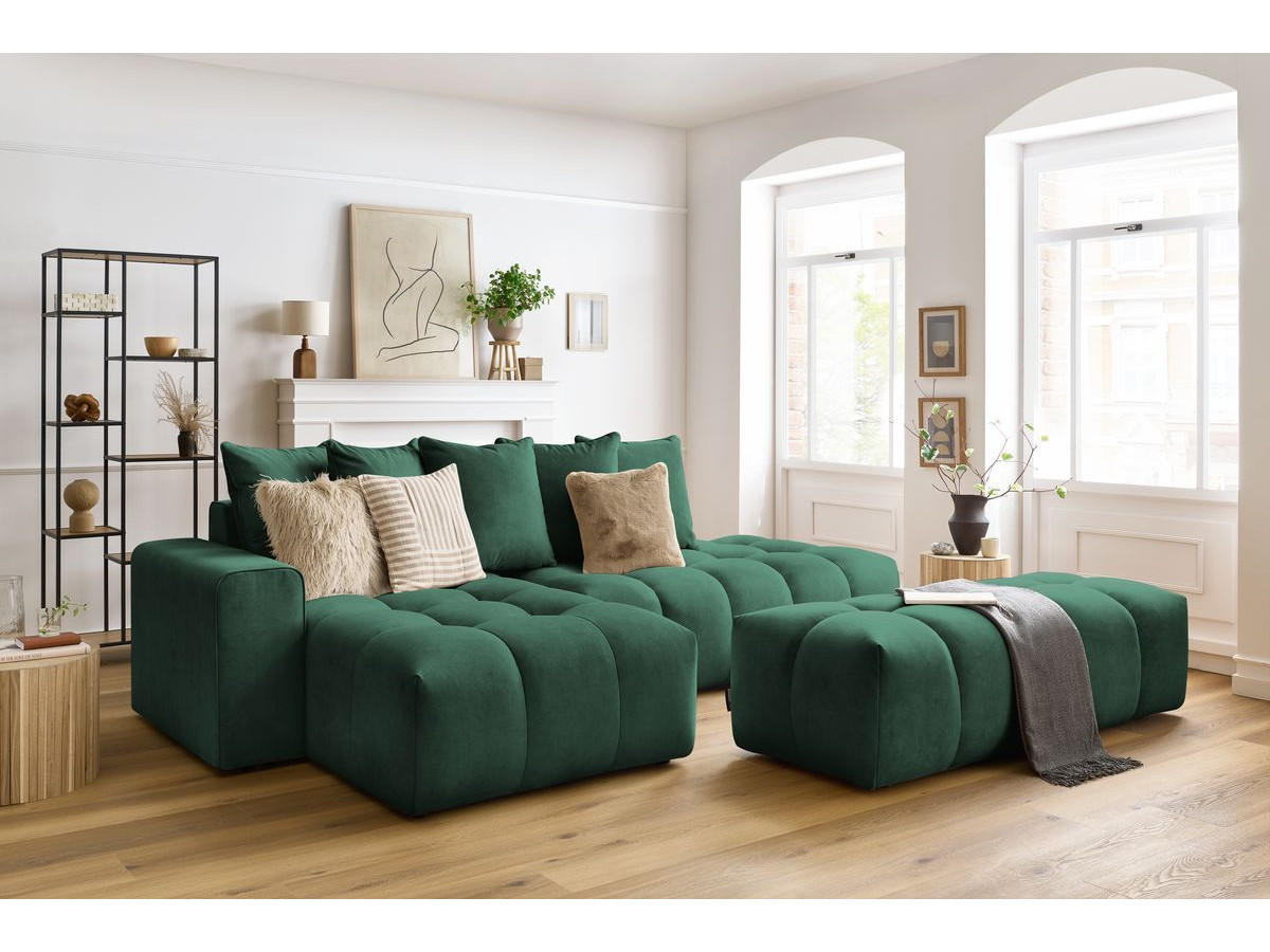 Canapé d'angle fixe MONT-BLANC velours avec pouf vert  angle gauche BOBOCHIC 4 places