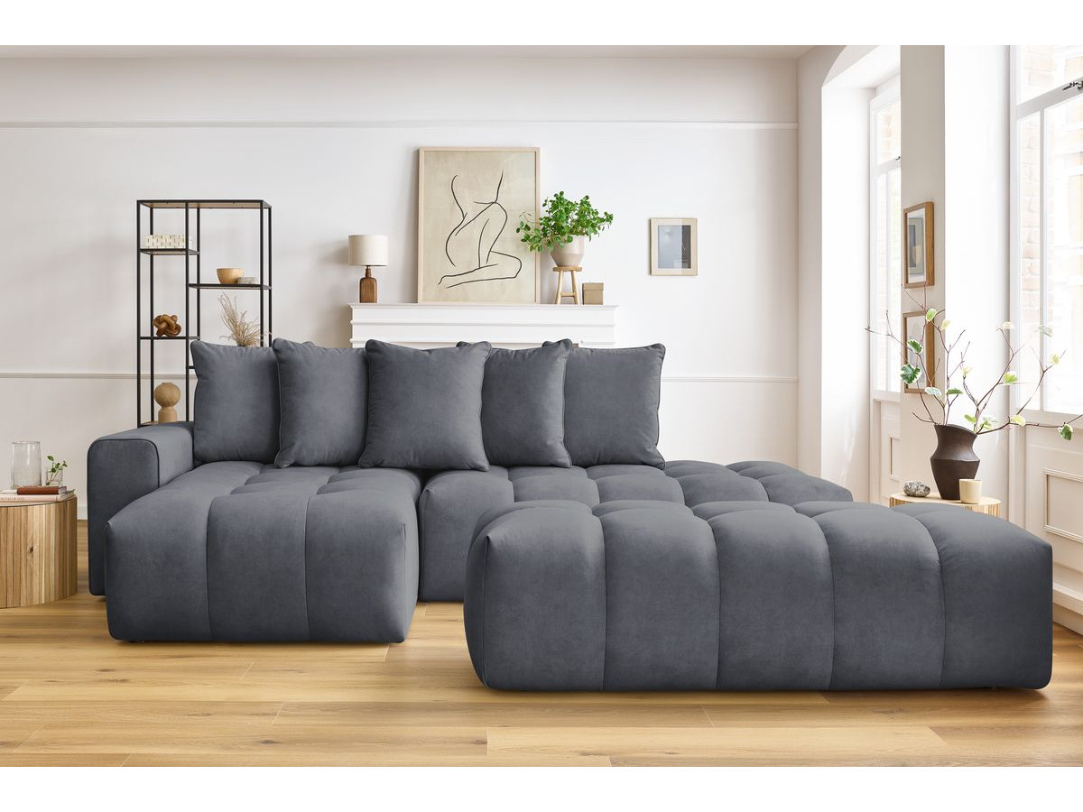 Canapé d'angle fixe MONT-BLANC velours avec pouf gris foncé angle gauche BOBOCHIC 4 places - Vue supplémentaire 3