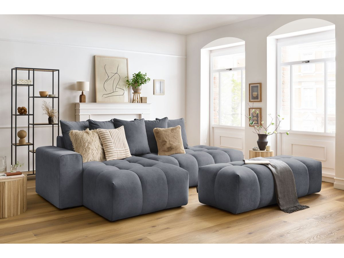 Canapé d'angle fixe MONT-BLANC velours avec pouf gris foncé  angle gauche BOBOCHIC 4 places