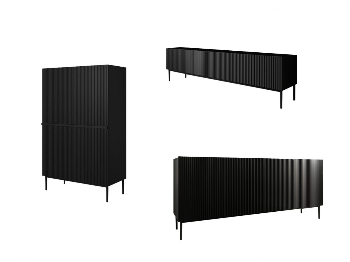 KASHA set met 200 cm tv-meubel + 200 cm 4-deurs dressoir + 100 cm 2-deurs hoog dressoir met zwarte poten