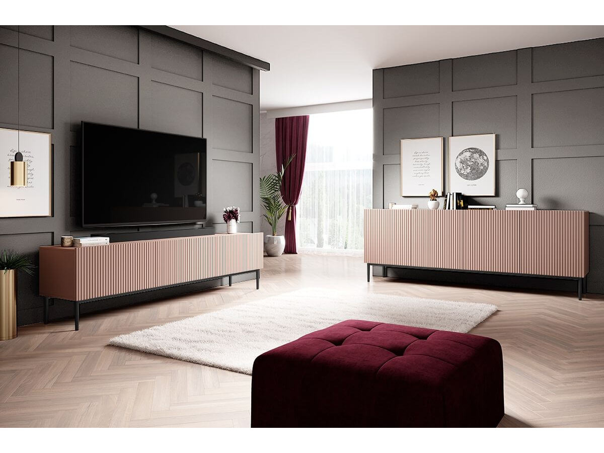 Ensemble KASHA avec Meuble TV 200 cm + Buffet 4 portes 200 cm + Buffet haut 2 portes 100 cm pieds noirs