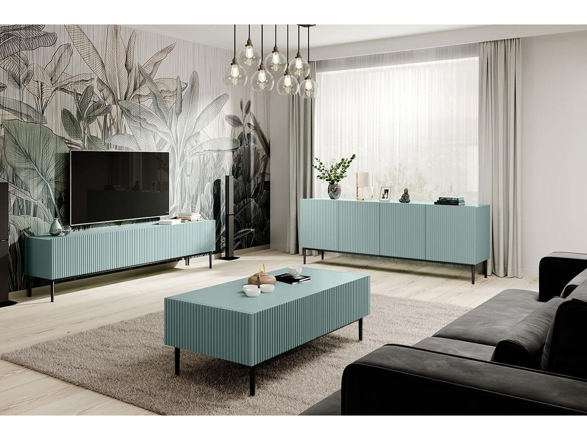 Ensemble KASHA avec Meuble TV 200 cm + Buffet 4 portes 200 cm + Buffet haut 2 portes 100 cm pieds noirs