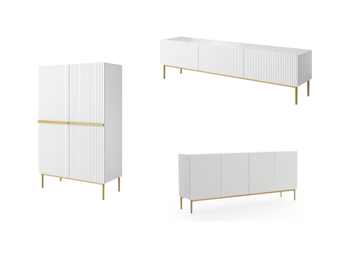 KASHA set met 200 cm tv-meubel + 200 cm 4-deurs dressoir + 100 cm 2-deurs hoog dressoir met gouden poten