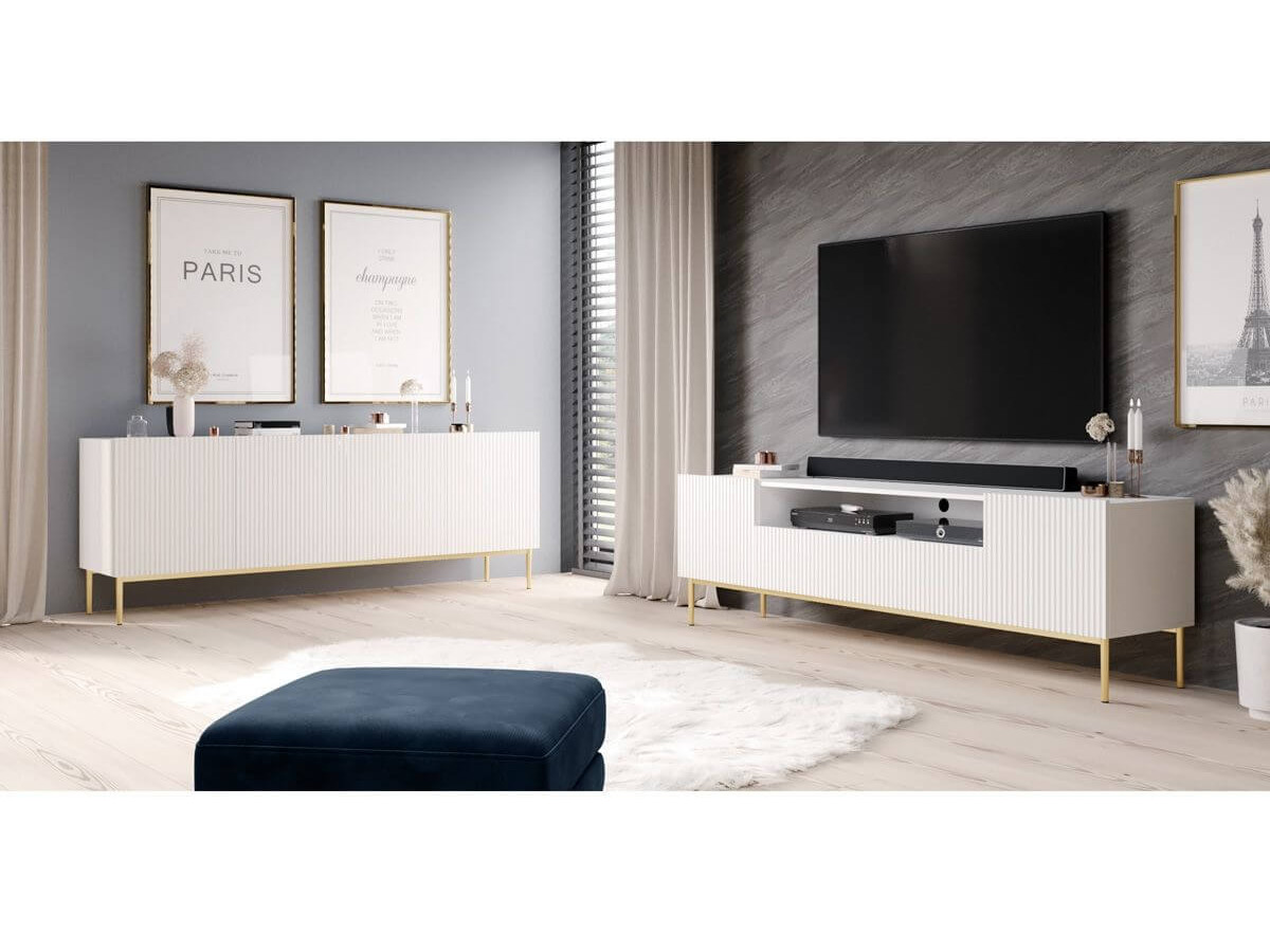 KASHA set met 200 cm tv-meubel + 200 cm 4-deurs dressoir + 100 cm 2-deurs hoog dressoir met gouden poten
