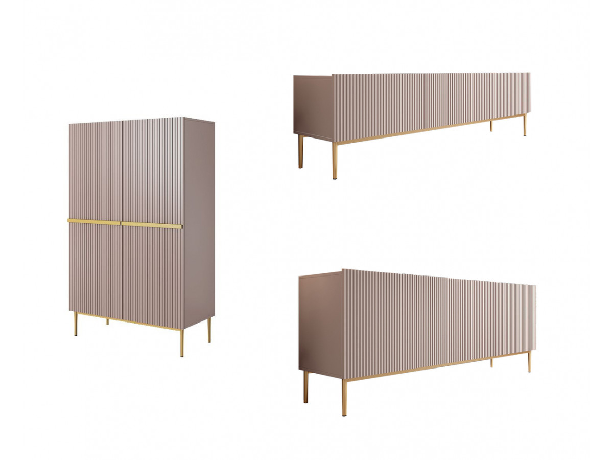 KASHA set met 200 cm tv-meubel + 200 cm 4-deurs dressoir + 100 cm 2-deurs hoog dressoir met gouden poten