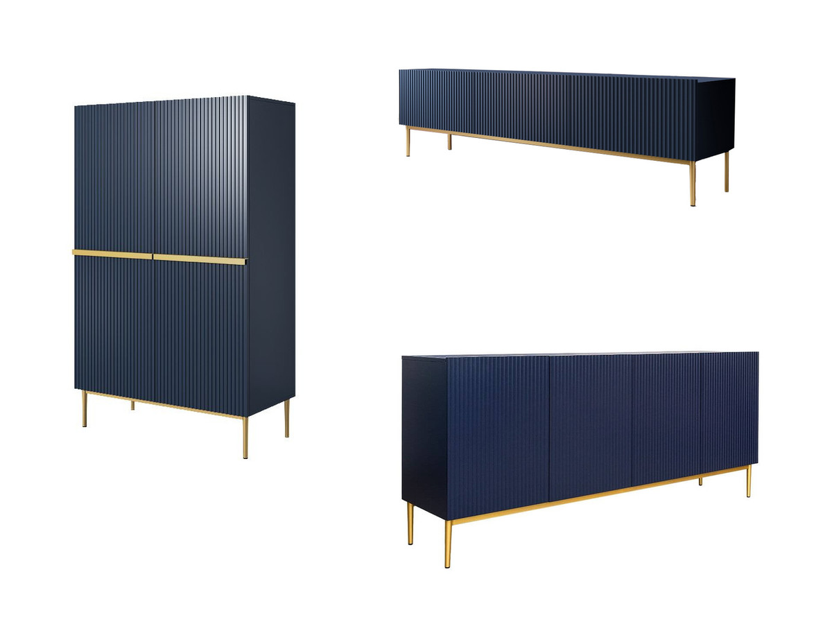 KASHA set met 200 cm tv-meubel + 200 cm 4-deurs dressoir + 100 cm 2-deurs hoog dressoir met gouden poten