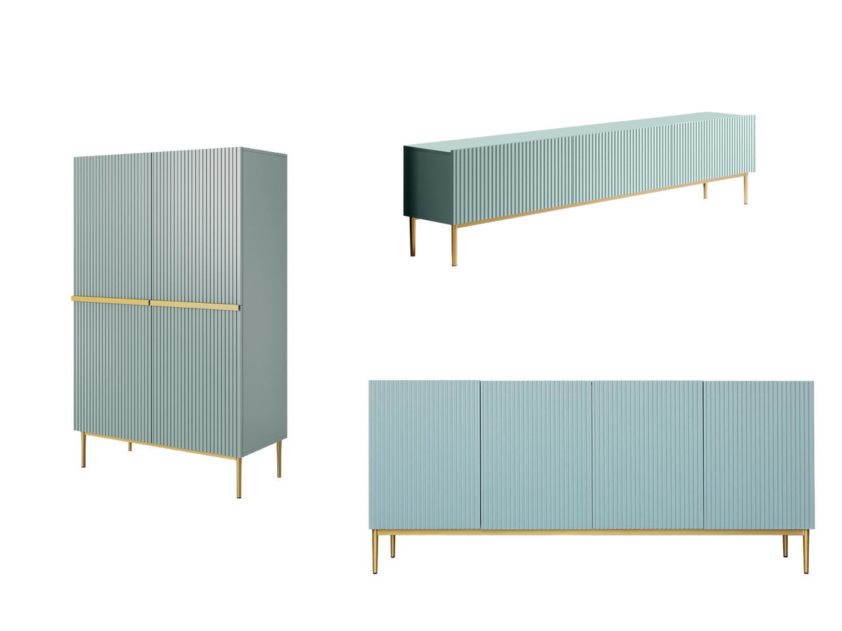 KASHA set met 200 cm tv-meubel + 200 cm 4-deurs dressoir + 100 cm 2-deurs hoog dressoir met gouden poten