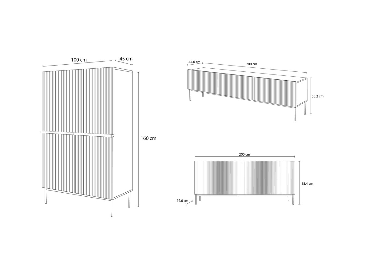 KASHA set met 200 cm tv-meubel + 200 cm 4-deurs dressoir + 100 cm 2-deurs hoog dressoir met gouden poten