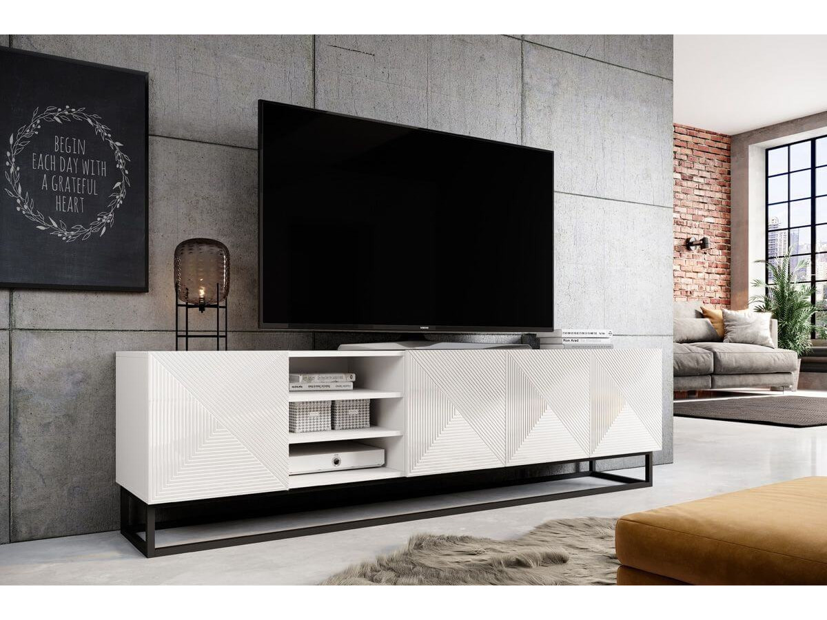 Ensemble ALICE avec Meuble TV avec niche 200 cm + Buffet 4 portes 200 cm pieds métal blanc — vue 4