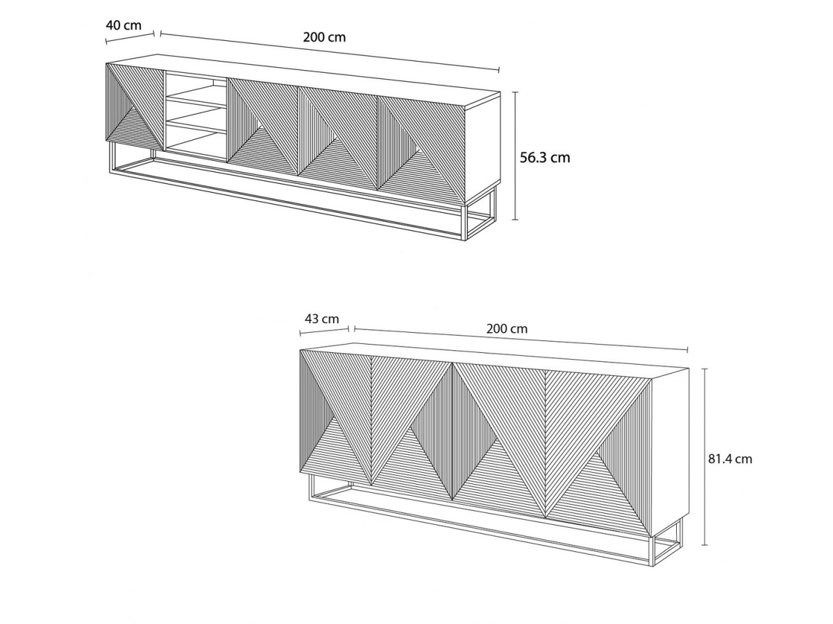 ALICE set met tv-meubel met nis van 200 cm + 4-deurs dressoir van 200 cm met metalen poten