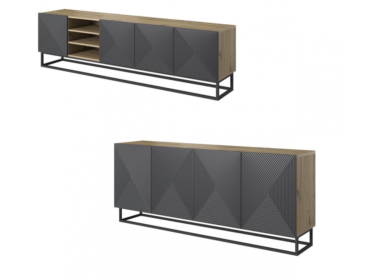 ALICE set met tv-meubel met nis van 200 cm + 4-deurs dressoir van 200 cm met metalen poten