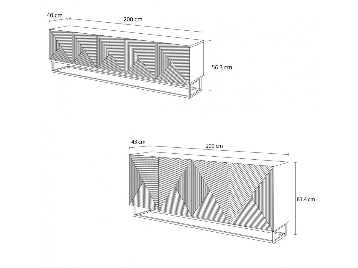 ALICE set met 200 cm tv-meubel + 200 cm 4-deurs dressoir met metalen poten