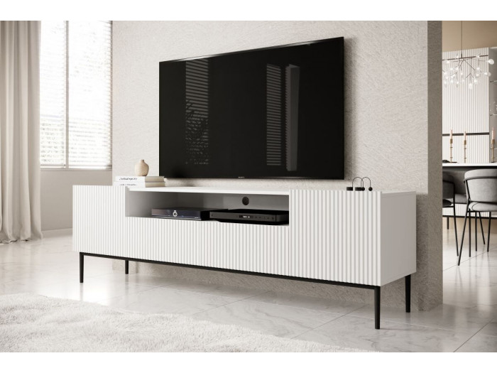 Ensemble KASHA Meuble TV 200 cm avec niche pieds noirs + Buffet 4 portes 200 cm pieds noirs