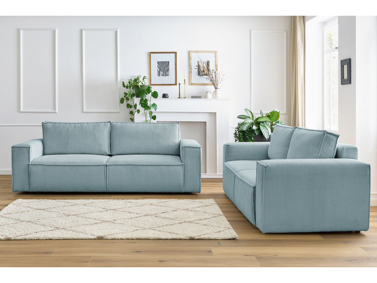 Ensemble canapé droit 3 + 2 places NIHAD velours côtelé bleu clair — vue 5
