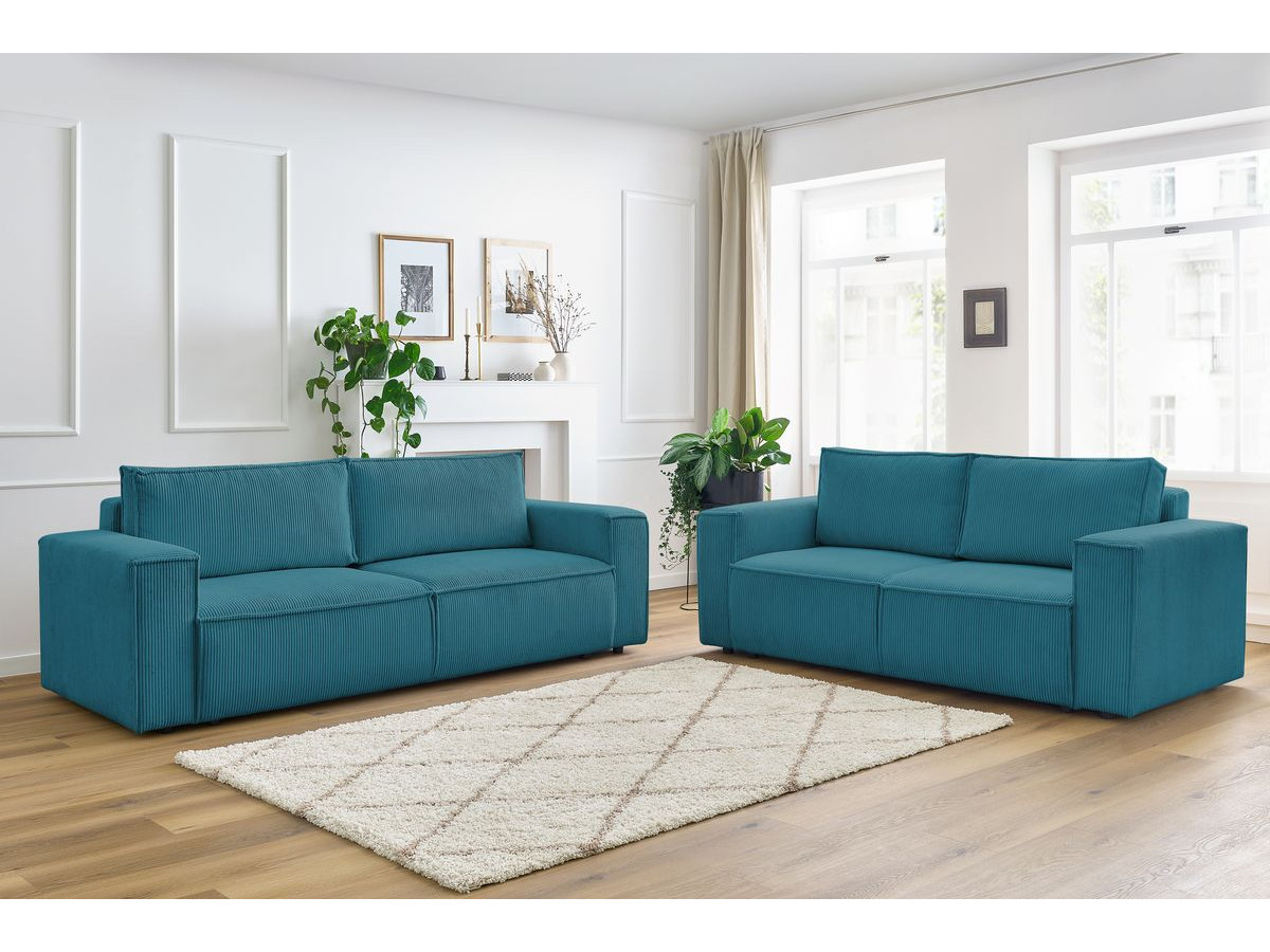 Ensemble canapé droit fixe 3 + 2 places NIHAD velours côtelé bleu foncé   BOBOCHIC - Vue supplémentaire 2