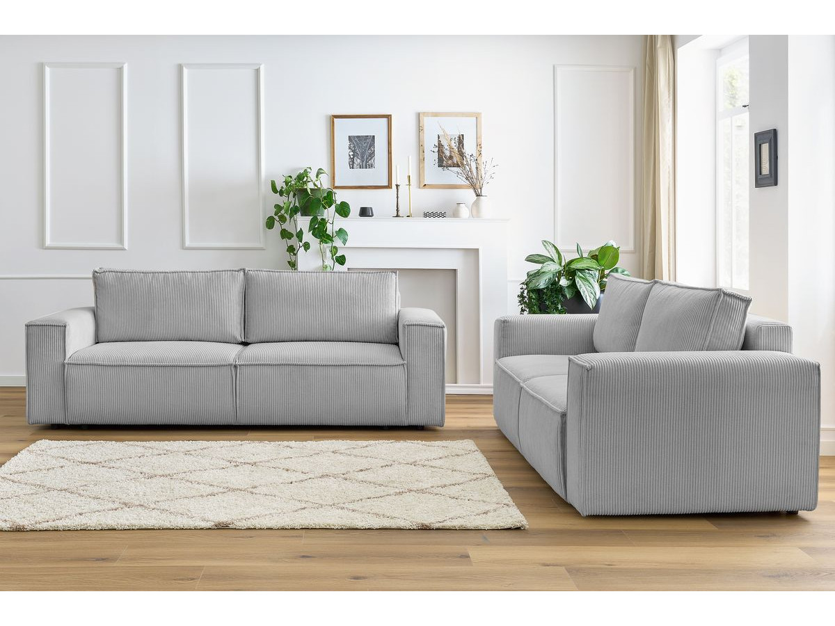 Ensemble canapé droit 3 + 2 places NIHAD velours côtelé gris clair — vue 5