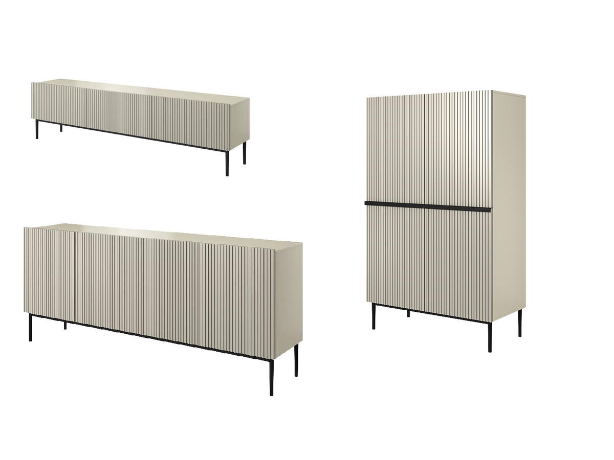Ensemble KASHA avec Meuble TV 200 cm + Buffet 4 portes 200 cm + Buffet haut 2 portes 100 cm pieds noirs