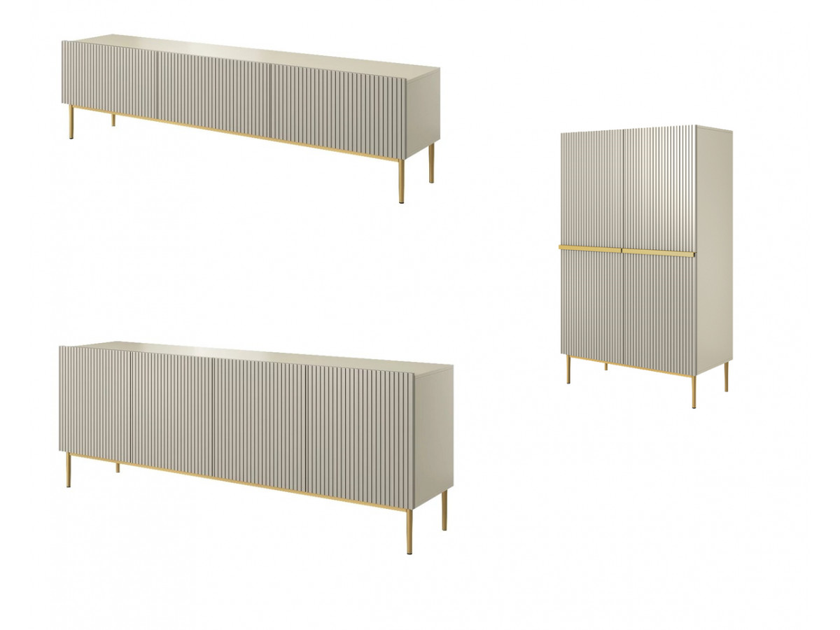KASHA set met 200 cm tv-meubel + 200 cm 4-deurs dressoir + 100 cm 2-deurs hoog dressoir met gouden poten
