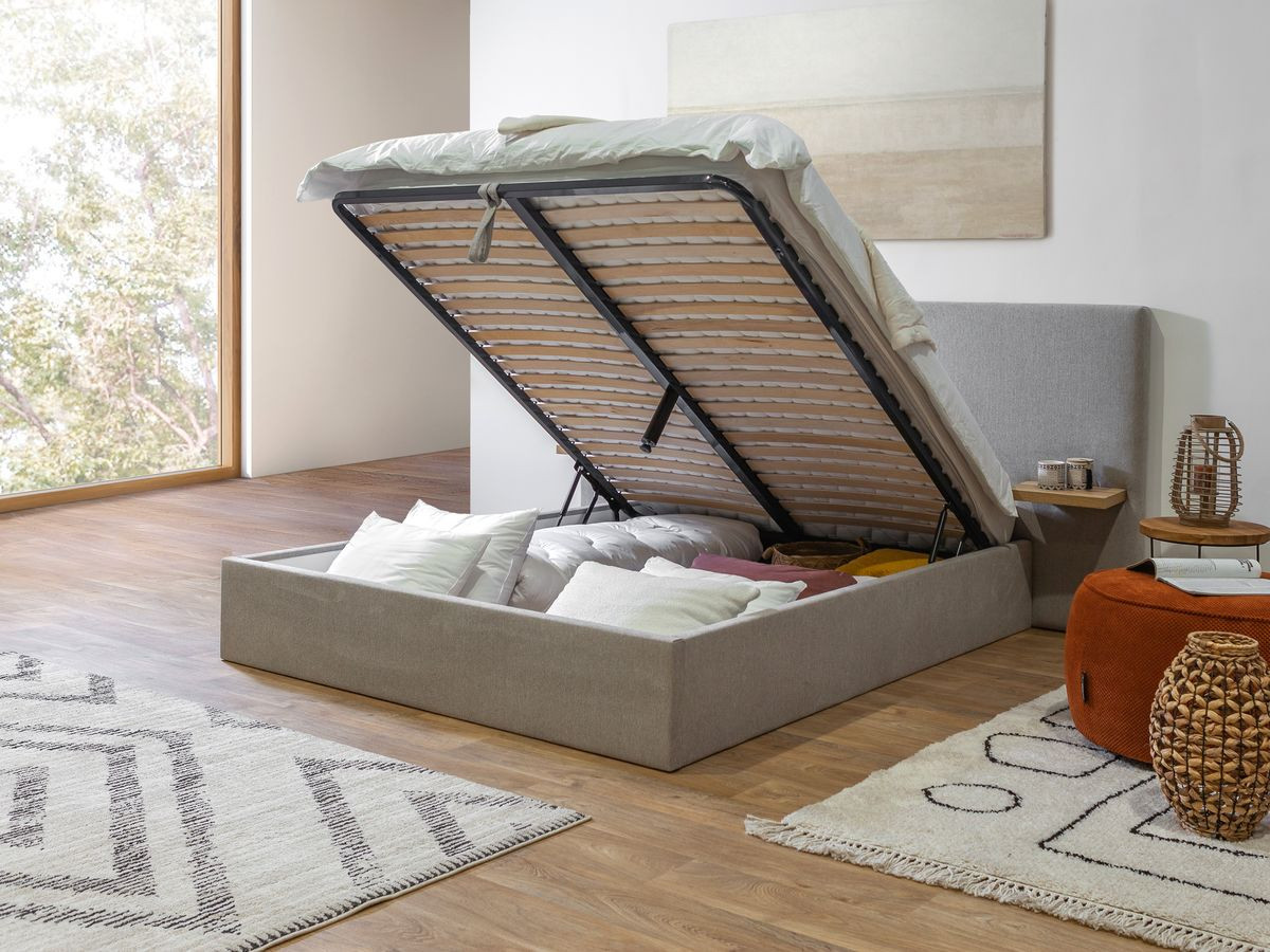 BLANDINE opbergbed in structuurstof met nachtkastjes