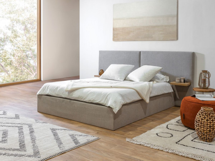 Lit coffre BLANDINE tissu texturé avec tablettes chevets