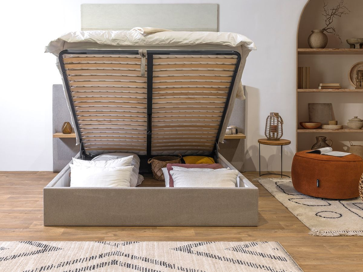 BLANDINE opbergbed in structuurstof met nachtkastjes