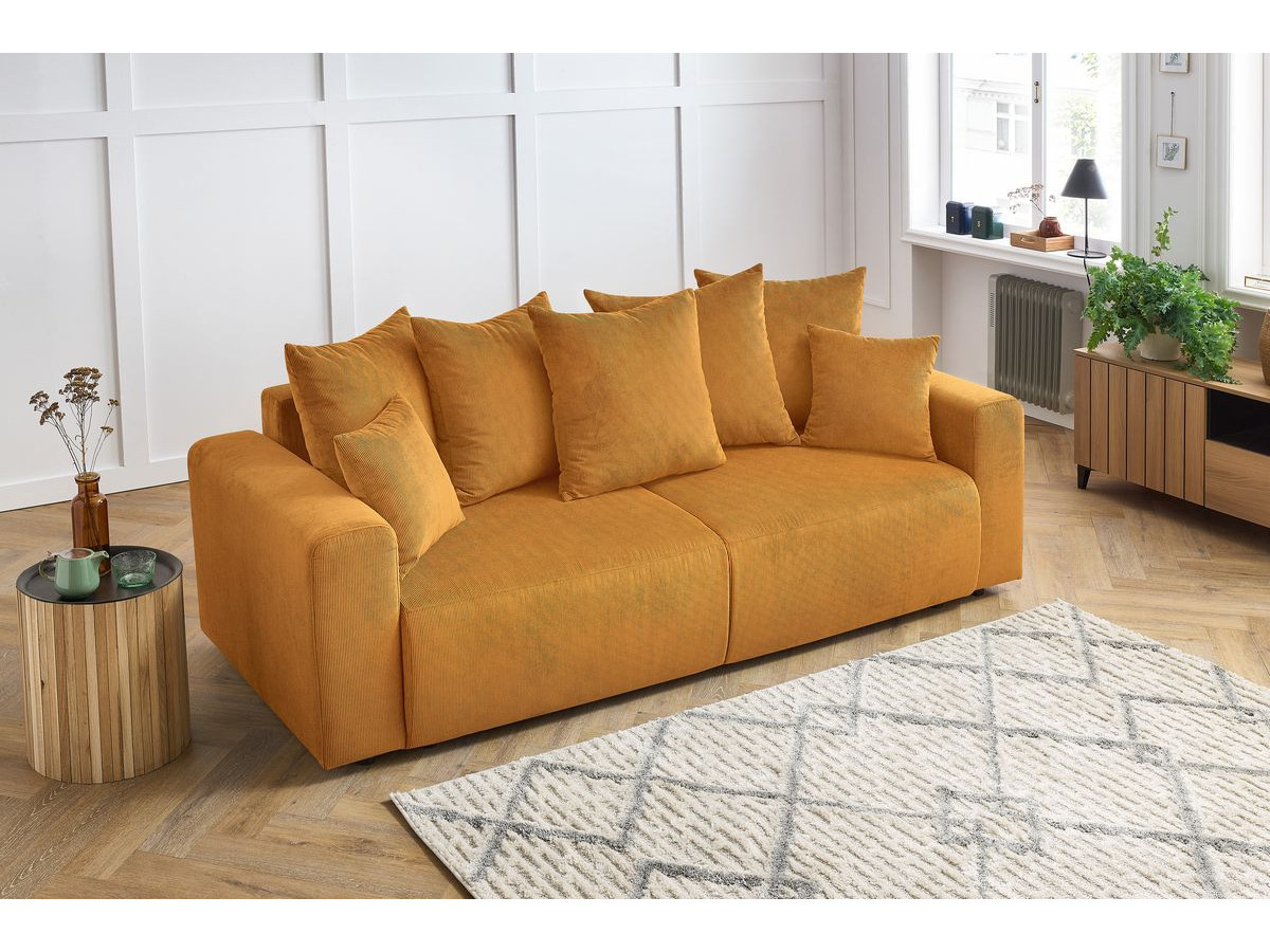 Canapé d'angle fixe EVEREST tissu chiné - Orange - Angle droit - 10 coussins