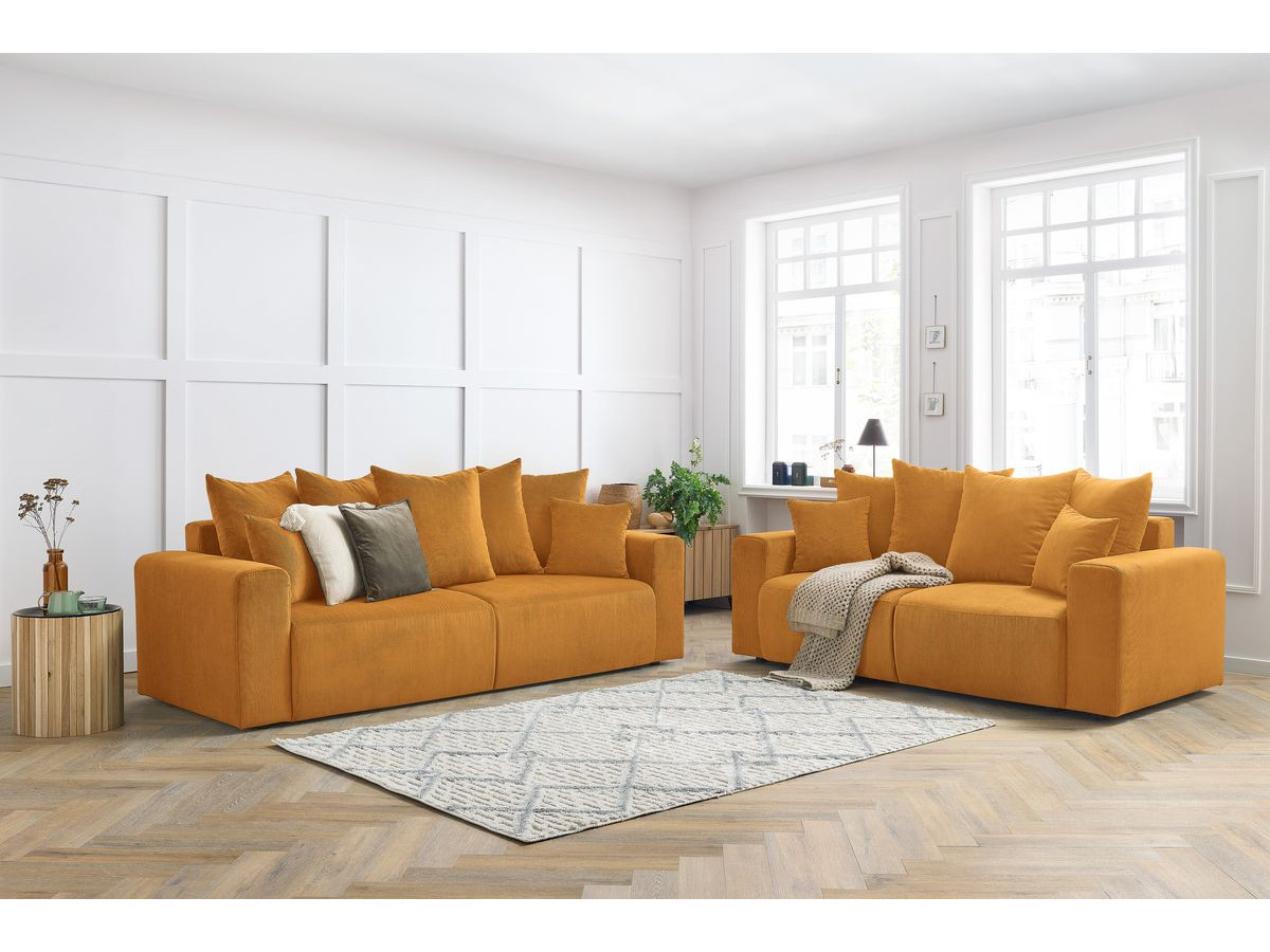 Canapé d'angle fixe EVEREST tissu chiné - Orange - Angle droit - 10 coussins