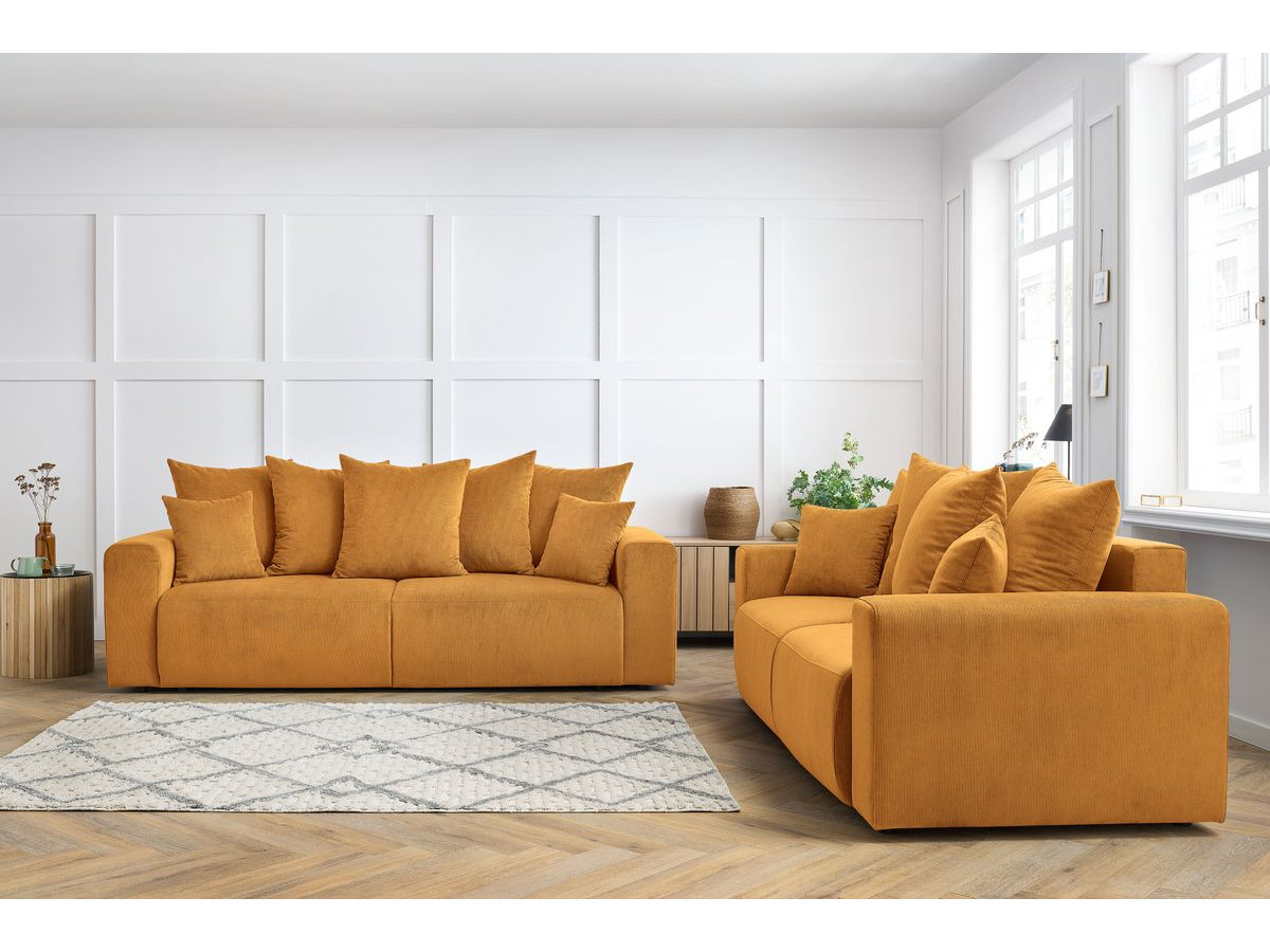 Canapé d'angle fixe EVEREST tissu chiné - Orange - Angle droit - 10 coussins