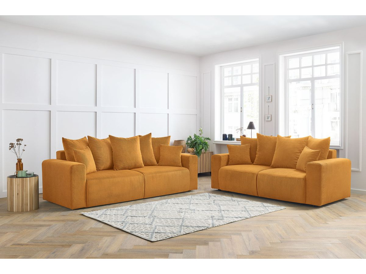 Canapé d'angle fixe EVEREST tissu chiné - Orange - Angle droit - 10 coussins