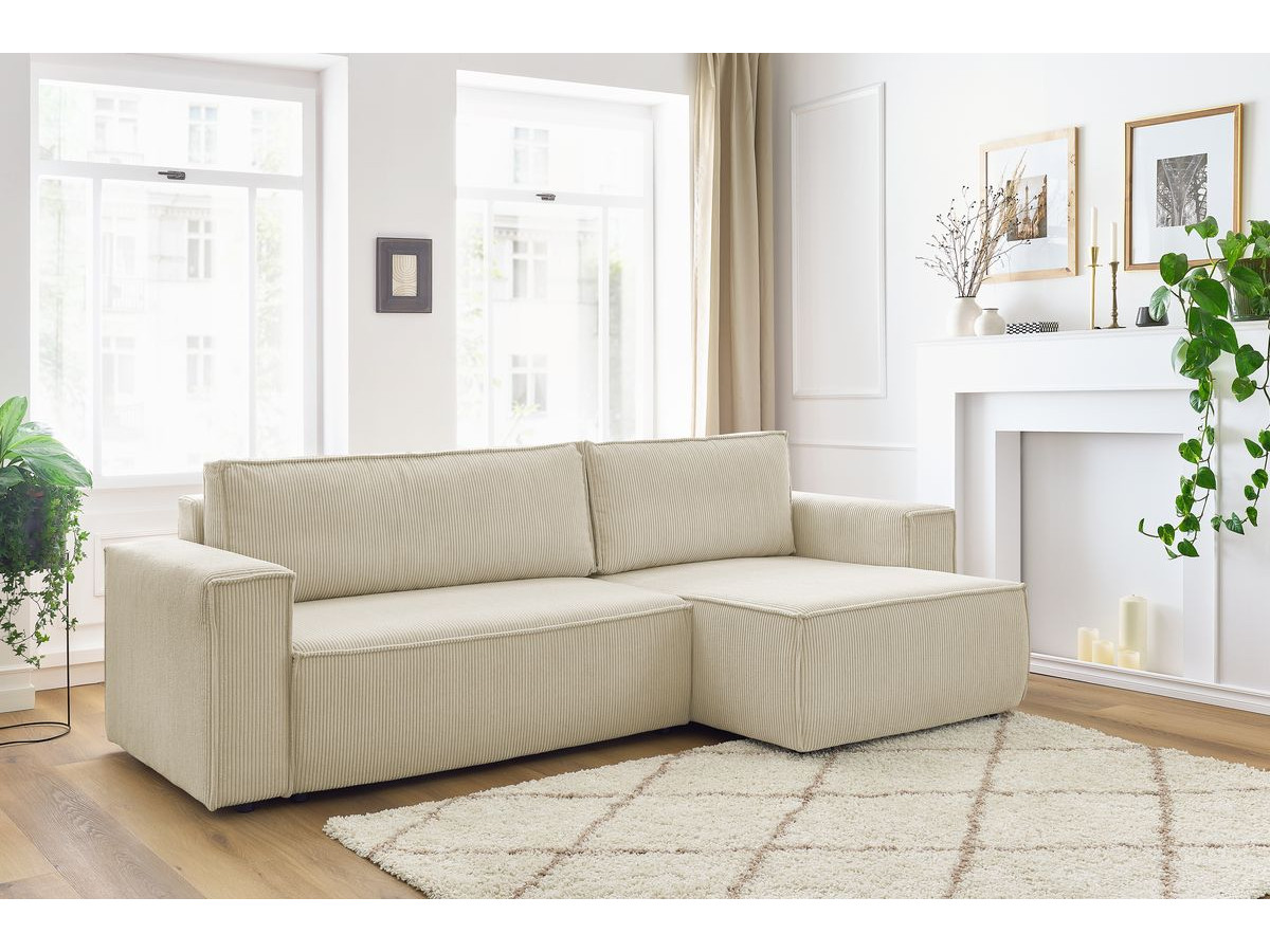 Canapé d'angle réversible convertible coffre NIHAD velours côtelé beige — vue 5